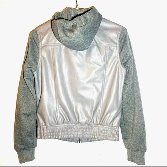 Gray Faux Leather Knit Hoodie Jacket Zip-Up Bomber Style Streetwear Size Small - Picture 7 of 8
